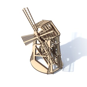 May include: A wooden model of a windmill with intricate details and a brown finish. The windmill has a rotating blade and a gear system.