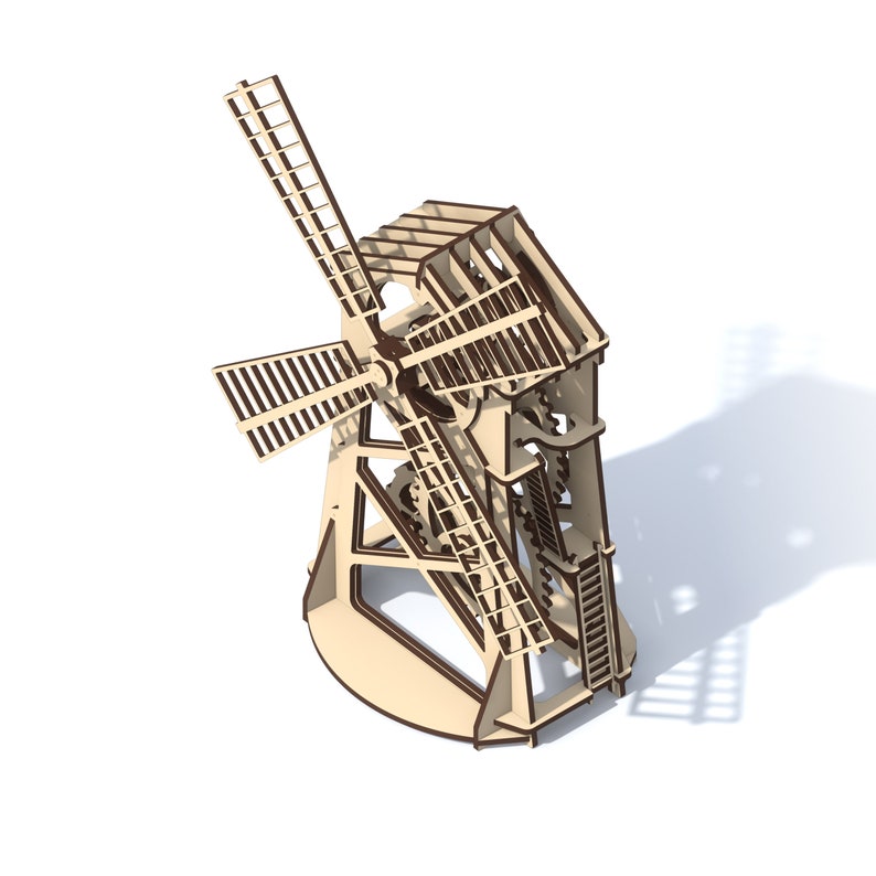 May include: A wooden model of a windmill with intricate details and a brown finish. The windmill has a rotating blade and a gear system.