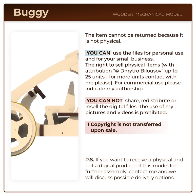 May include: A digital download of a wooden buggy model. The image shows a detailed illustration of the model, which is a mechanical toy. The text on the image states that the item is not physical and that the copyright is not transferred upon sale.