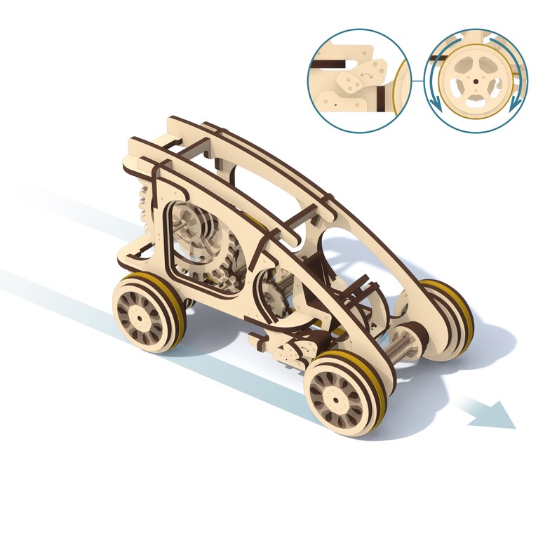May include: A wooden toy car with a detailed gear system and wheels. The car is made of light brown wood and has a white background.