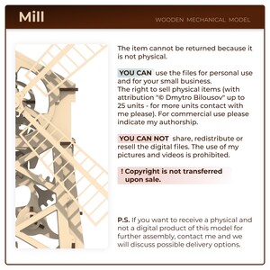 May include: A wooden model of a windmill with intricate details. The image includes text that states the item is not physical and cannot be returned. The text also states that the copyright is not transferred upon sale.