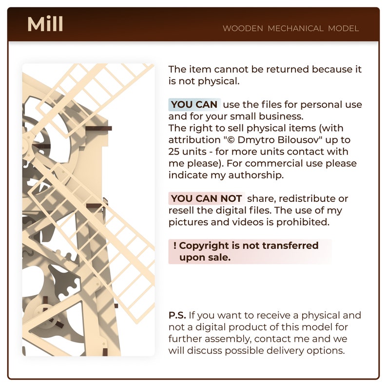 May include: A wooden model of a windmill with intricate details. The image includes text that states the item is not physical and cannot be returned. The text also states that the copyright is not transferred upon sale.