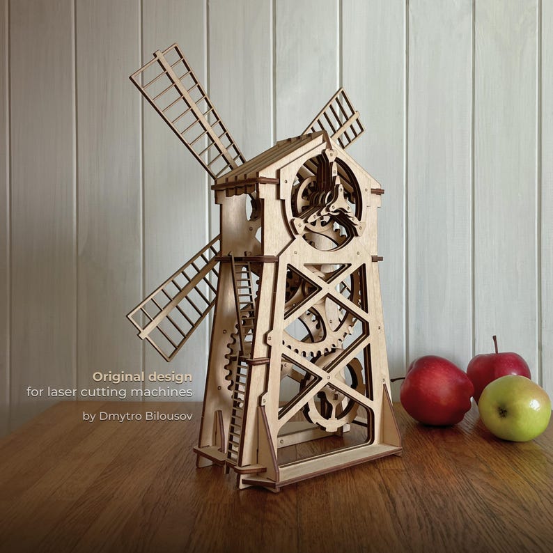 Mill – Laser Cut File, Wooden mechanical model, SVG DXF plans for laser cutting machines, vector files image 2
