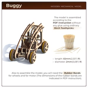 May include: A wooden model of a buggy with gears and wheels. The model is assembled using birch toothpicks and rubber bands. The instructions are included in a PDF file.