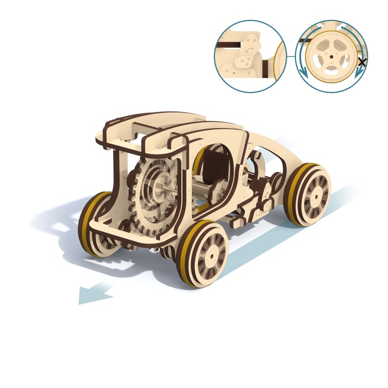 May include: A wooden toy car with a detailed gear system and wheels. The car is made of light brown wood and has a yellow and brown color scheme. The car is on a white background.