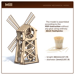 May include: A wooden model of a windmill with intricate gears and a working mechanism. The model is assembled using birch toothpicks and comes with PDF instructions. The toothpicks are 65mm (2.50 inches) long and 2mm (0.08 inches) in diameter.
