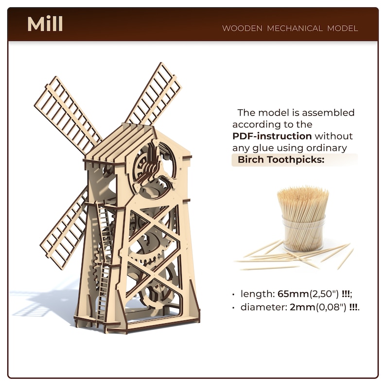 May include: A wooden model of a windmill with intricate gears and a working mechanism. The model is assembled using birch toothpicks and comes with PDF instructions. The toothpicks are 65mm (2.50 inches) long and 2mm (0.08 inches) in diameter.