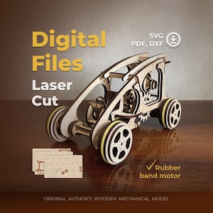 Buggy – Archivo SVG de corte láser, modelo mecánico de madera, plano para máquinas de corte con motor de banda elástica