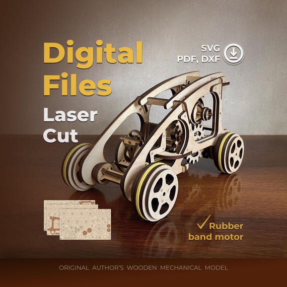Buggy – SVG Laser Cut File, Wooden mechanical model, Plan for Cutting Machines with a Rubber band Motor