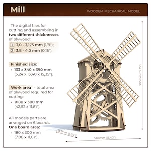 May include: A wooden model of a windmill with detailed gears and blades. The model is 13.4 inches wide, 5.24 inches deep, and 15.35 inches tall. The model is made of plywood and requires cutting and assembly.