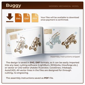 May include: A wooden mechanical model of a buggy, with detailed instructions for assembly. The design is available in SVG and DXF formats for laser cutting or vector editing software. The assembly instructions are in PDF format.