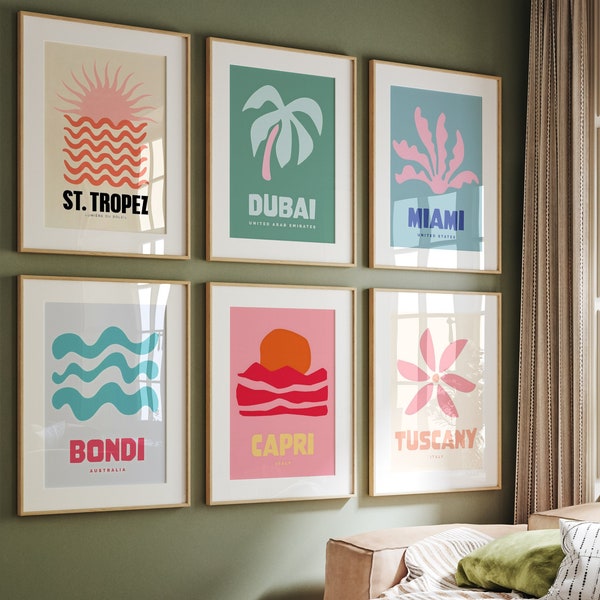 Set of 6 travel | famous places prints | St Tropez | Dubai | Miami | Bondy | Capri  | Tuscany | Travel poster | Travel print