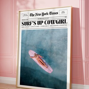 Cowgirl newspaper poster, surf's cowgirl, bar cart print, retro girly decoration, fashion poster, preppy funk wall art, trendy print