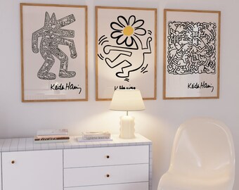 Set van 3 Keith Haring-posters, Keith Haring-poster, Keith Haring-print, afdrukbare muurkunst, galeriemuurset