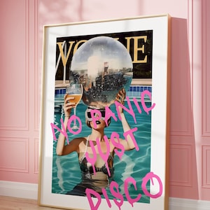 Impression Disco, No Panic Just Disco, décoration girly rétro, affiche de mode, affiche boule disco, poster vintage, decoration année 70