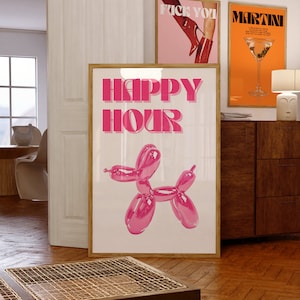 Cartel vintage, cartel rosa, hora feliz, años 70, cartel vintage, retro, cartel ecléctico, arte de pared imprimible, descarga instantánea, preppy