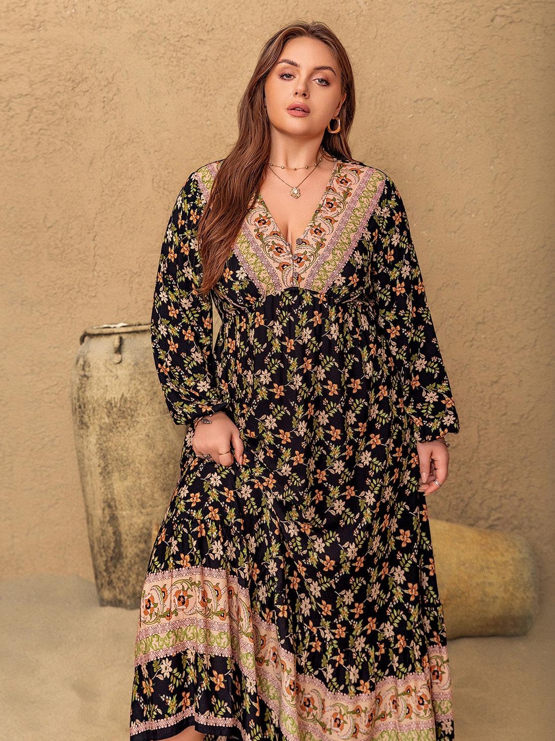 Plus Size Printed V-Neck Balloon Sleeve Dress
