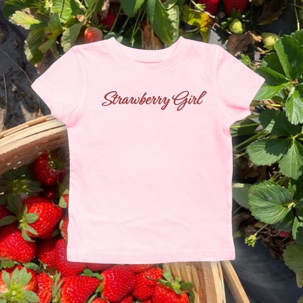 Strawberry Girl Cursive Writing Pink Croquette Baby Tee | Sustainable Y2k Screen Printed Slogan Trendy Pinterest Vintage Parisian Style Top