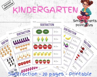 Libro de ejercicios de resta, Aprendizaje de matemáticas, Preescolar, Jardín de infancia (Descarga digital)