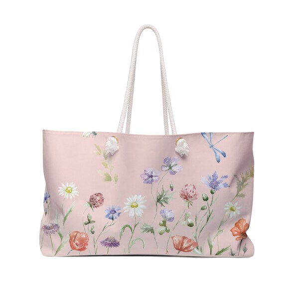 wildflower bag weekender bag tote bag wild flowers watercolor flowers lined tote bag oversized beach bag wildflowers boho tote