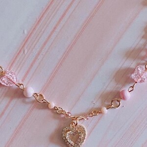 Y2K Coquette-hartketting, gouden schakelketting, roze kralenketting, coquette-mode, Y2K-modeketting, hartbedels afbeelding 2