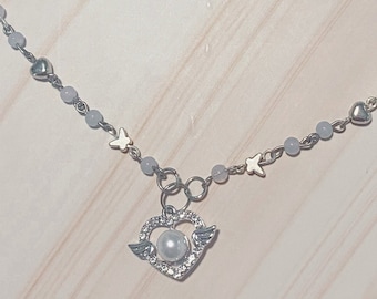 Y2K Coquette Heart Pendant Necklaces, Butterfly Pearl Handmade Beaded Necklace, Heart Charms, Butterfly Charms, Blue Beaded Necklace