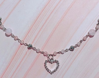Y2K Coquette Pink Heart Necklace, Silver Heart Pendant Chain
