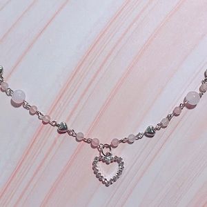 Y2K Coquette Pink Heart Necklace, Silver Heart Pendant Chain Link Necklace, Mother&#39;s Day Gift, Coquette Fashion, Pink Beaded Jewelry