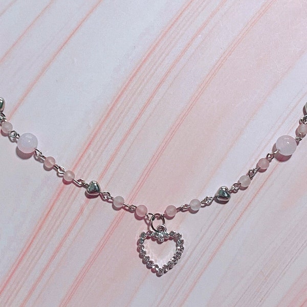 Y2K Coquette Pink Heart Necklace, Silver Heart Pendant Chain Link Necklace, Mother's Day Gift, Coquette Fashion, Pink Beaded Jewelry