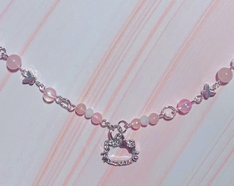 Pink Kitty Y2K Inspired Necklace, kawaii Character Accessories, Silver Chain Link Beaded Necklace, Handmade Jewelry