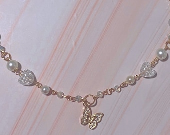 Gold Coquette Y2K vlinderketting, gouden schakelketting kralen sieraden, parel vlinderketting, kralen accessoires