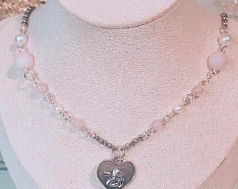 Y2k heart pendant necklace, coquette pink beaded necklace, angel wings charms, diy charm necklace, silver y2k heart necklace, women&#39;s gift