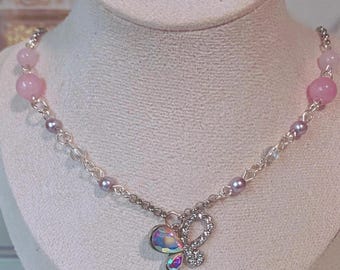 Silver Coquette Y2K Butterfly Necklace, Chain Link Beaded Jewelry, Butterfly Pendant, purple beaded jewelry, dainty pendant