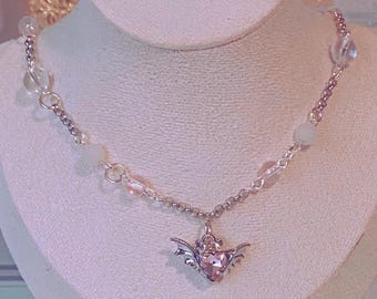 Silver Y2K heart necklace, pink beaded necklace, DIY charm necklace, chain link jewelry, angel wings charms