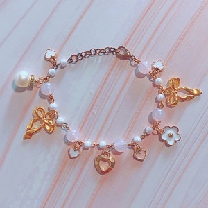 Gold Bow Y2K Coquette Charm Bracelets, Pink Beaded Bracelet, Gold Chain Link Jewelry, Flower Charms, Dainty Gold Accessories