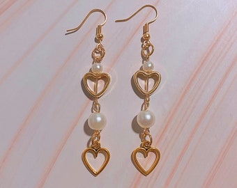 Gold Heart Dangle Earrings, Dainty Coquette Jewelry, Beaded Jewelry, Handmade Earrings, Gold Dangle Earrings, Pearl Dangle Earrings