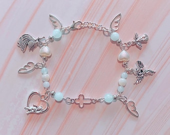 Bracciale con ciondolo a croce Y2K, braccialetto con perline blu, gioielli con perle Coquette, ciondoli a forma di angelo, braccialetto con perline a catena in argento, accessori alla moda