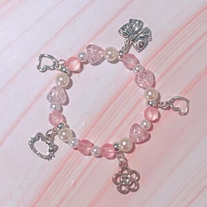 Stretchy Pastel Pink Kitty Y2K Inspired Charm Bracelets, Character Accessories, silver charm Bracelet, Handmade Jewelry, one size bracelet