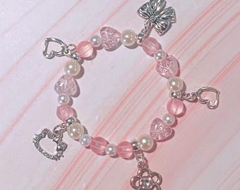 Stretchy Pastel Pink Kitty Y2K Inspired Charm Bracelets, Character Accessories, silver charm Bracelet, Handmade Jewelry, one size bracelet