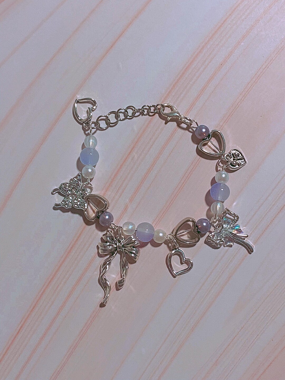 Y2K Purple Coquette Bows, Ribbons Charm Bracelets, Silver