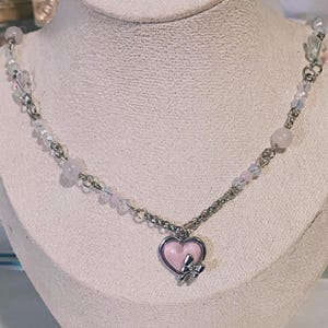 Y2K Coquette Pink Heart Necklace, Silver Heart Pendant Chain Link Necklace, Dainty pendant necklace, coquette bow jewelry, bow accessories