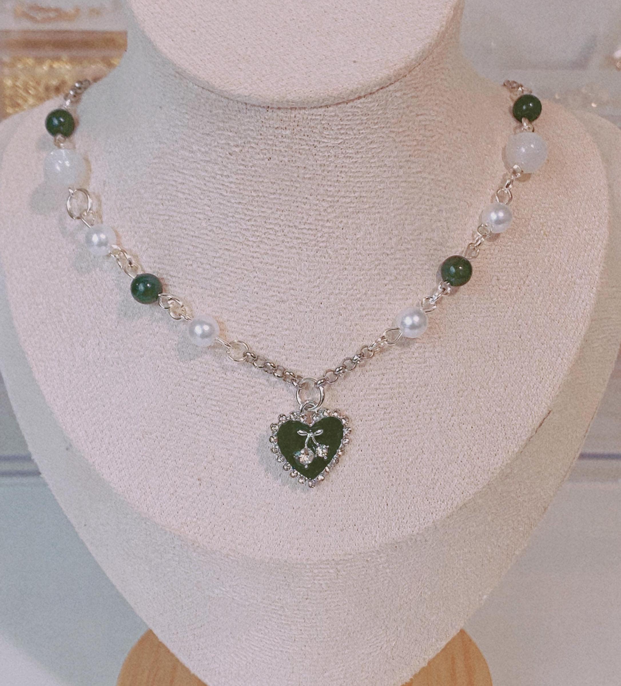 Silver Coquette Y2K Heart Necklace, Silver Chain Link Beaded Jewelry, y2k cherry charm, Cute Beaded Accessories