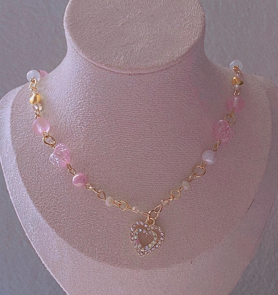Y2K Coquette Heart Necklace, Gold Chain Link Necklace, Pink Beaded Necklace, Coquette Fashion, Y2K Fashion Necklace , Heart Charms