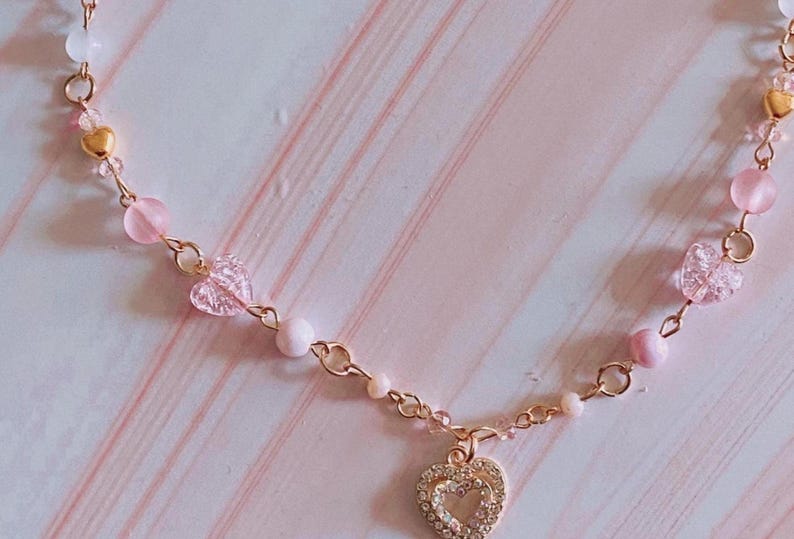 Y2K Coquette-hartketting, gouden schakelketting, roze kralenketting, coquette-mode, Y2K-modeketting, hartbedels afbeelding 2