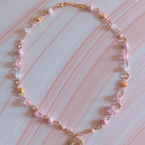 Y2K Coquette-hartketting, gouden schakelketting, roze kralenketting, coquette-mode, Y2K-modeketting, hartbedels afbeelding 3