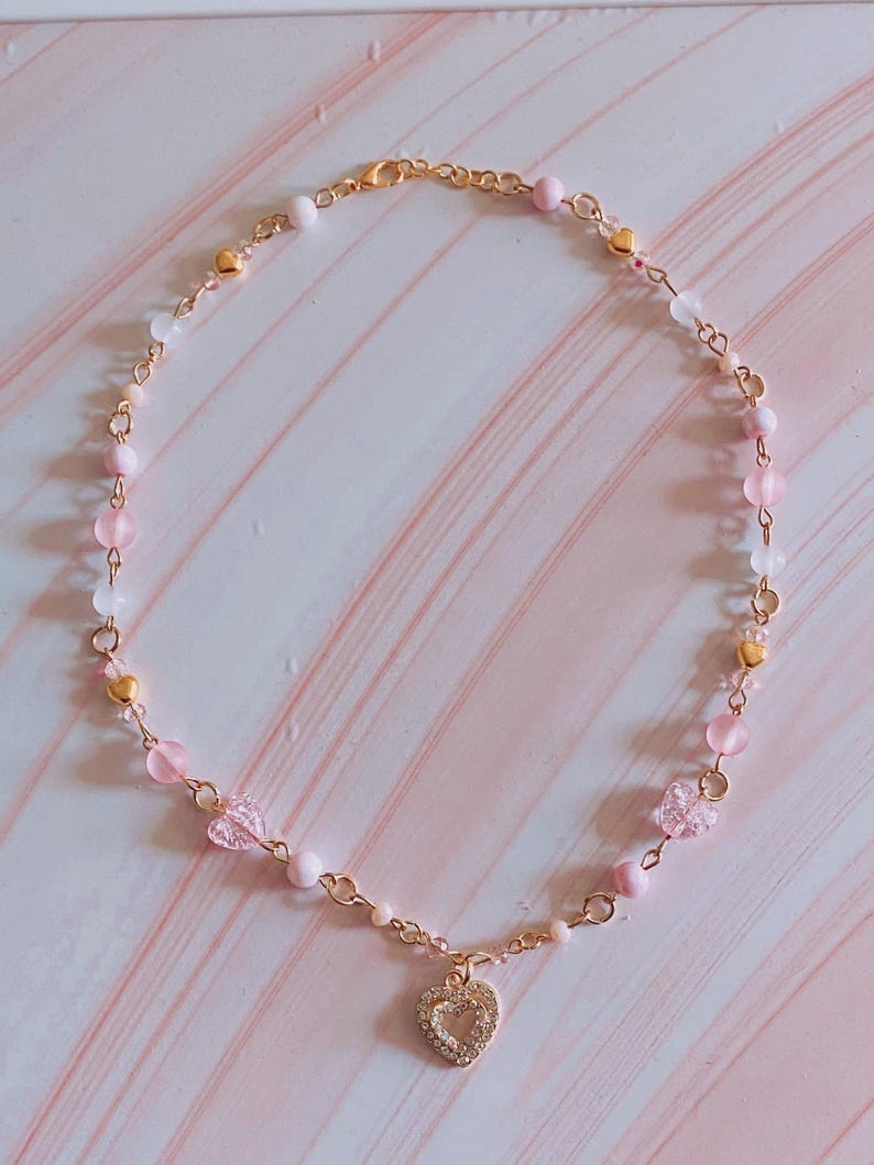 Y2K Coquette-hartketting, gouden schakelketting, roze kralenketting, coquette-mode, Y2K-modeketting, hartbedels afbeelding 3