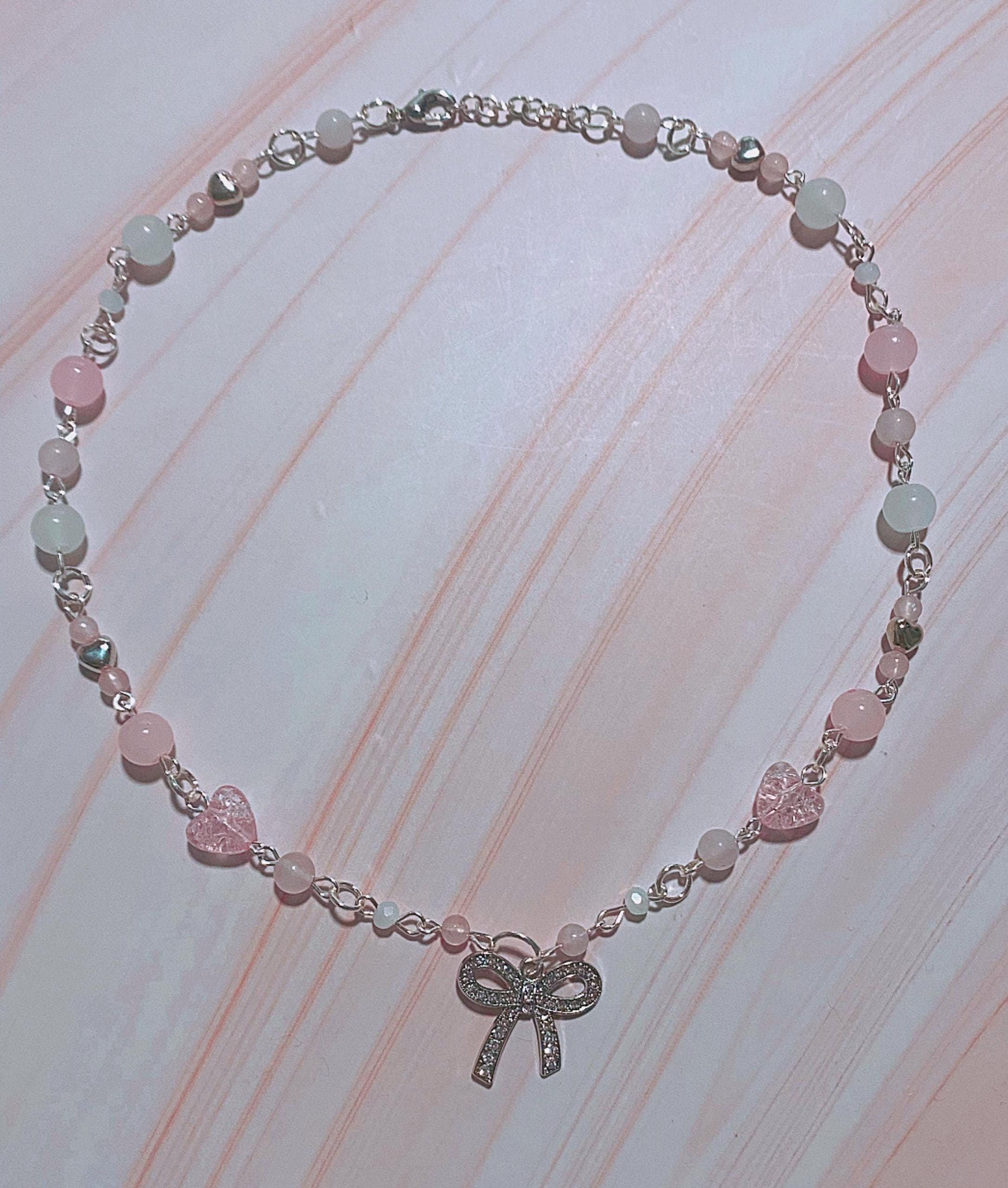 Y2K Coquette Silver Bow Necklace, Bow Ribbon Pendant Chain Link Necklace, Pink Pearl Beaded Necklace, Coquette Fashion, Y2K Ballerina Core