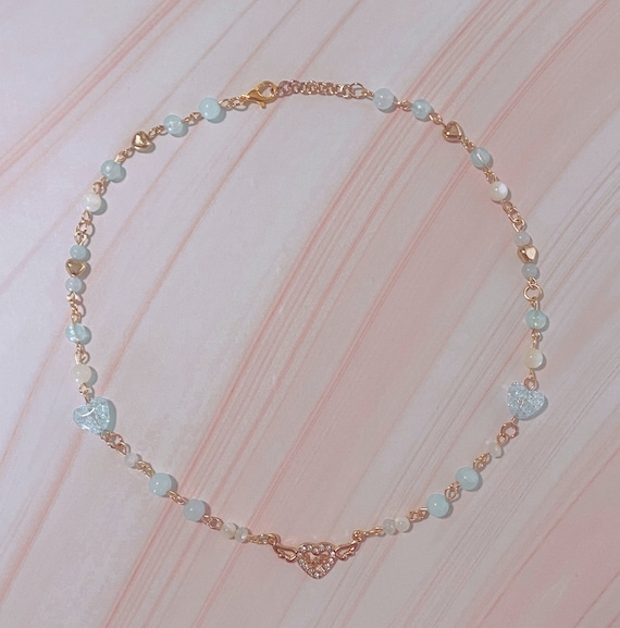 Dainty Gold Heart Necklace, Y2K Blue Beaded Necklace, Dainty Heart Pendant, Coquette Inspired Jewelry, Handmade Beaded Necklace