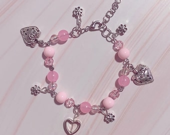 Strawberry Pink Charm Bracelet, beaded bracelet, y2k