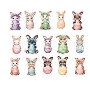 15 Osterhasen Clipart-Set, Pinselstrich Ostern digitaler Download, süße Ostern png, glückliche Ostern png, Blumenkrone png, Trost Farben Shirt